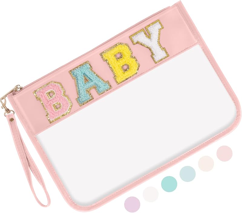 Necessaire transparente Iqimott com estampa de letra, zíper e alça de pulso, Baby-Pink, 1 unidade