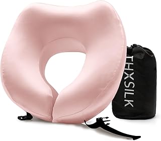 THXSILK 100% Mulberry Silk Neck Pillow for Traveling and Airplane, Memory Foam Travel Pillow for Neck Support on Car and Flight Sleeping with Storage Bag (Charming Pink)