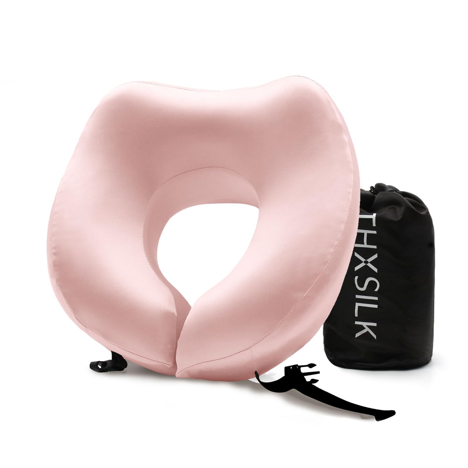 THXSILK 100% Mulberry Silk Neck Pillow for Traveling, Pure Memory Foam Travel Pillow for airplanes, Travel Neck Pillow for Sleeping, Head and Neck Support, neck pillow with Storage Bag (Charming Pink)