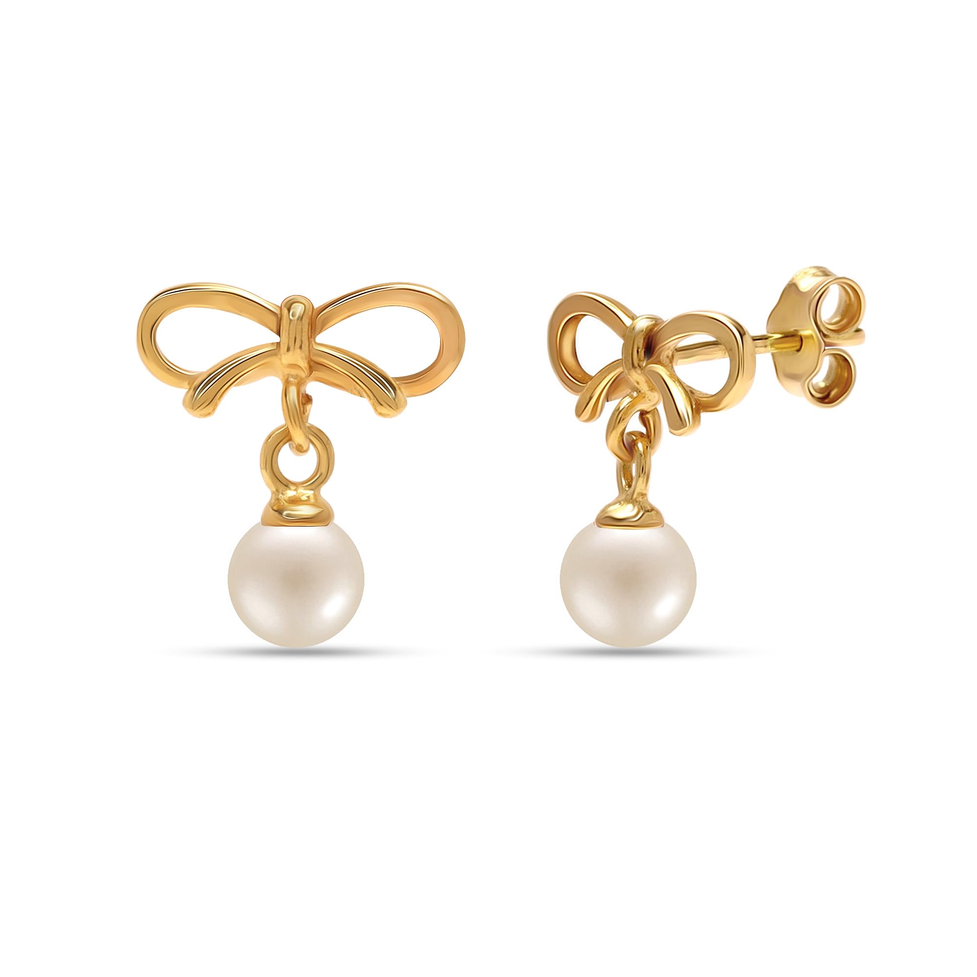 LeCalla 925 Sterling Silver BIS Hallmarked 14K Gold Plated Pearl Ribbon Stud Drop Earrings for Women and Girls (B0CRKQRJ2G) Amazon Price History, Amazon Price Tracker