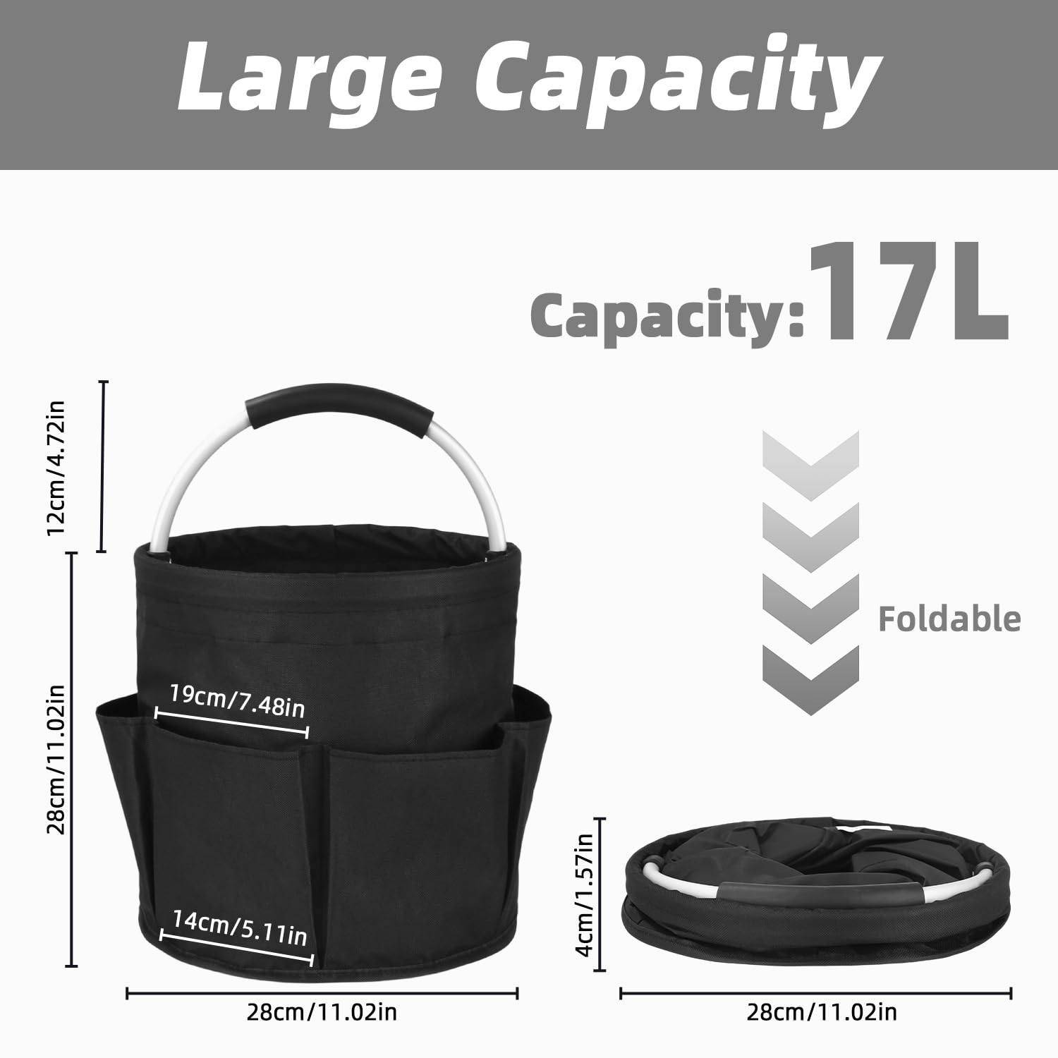 Cestino porta Attrezzi con 6 Tasche Esterne,Contenitore per Utensili per la Pulizia, Borsa per Attrezzi da Giardino Facile da Pulire e Trasportare(Nero)