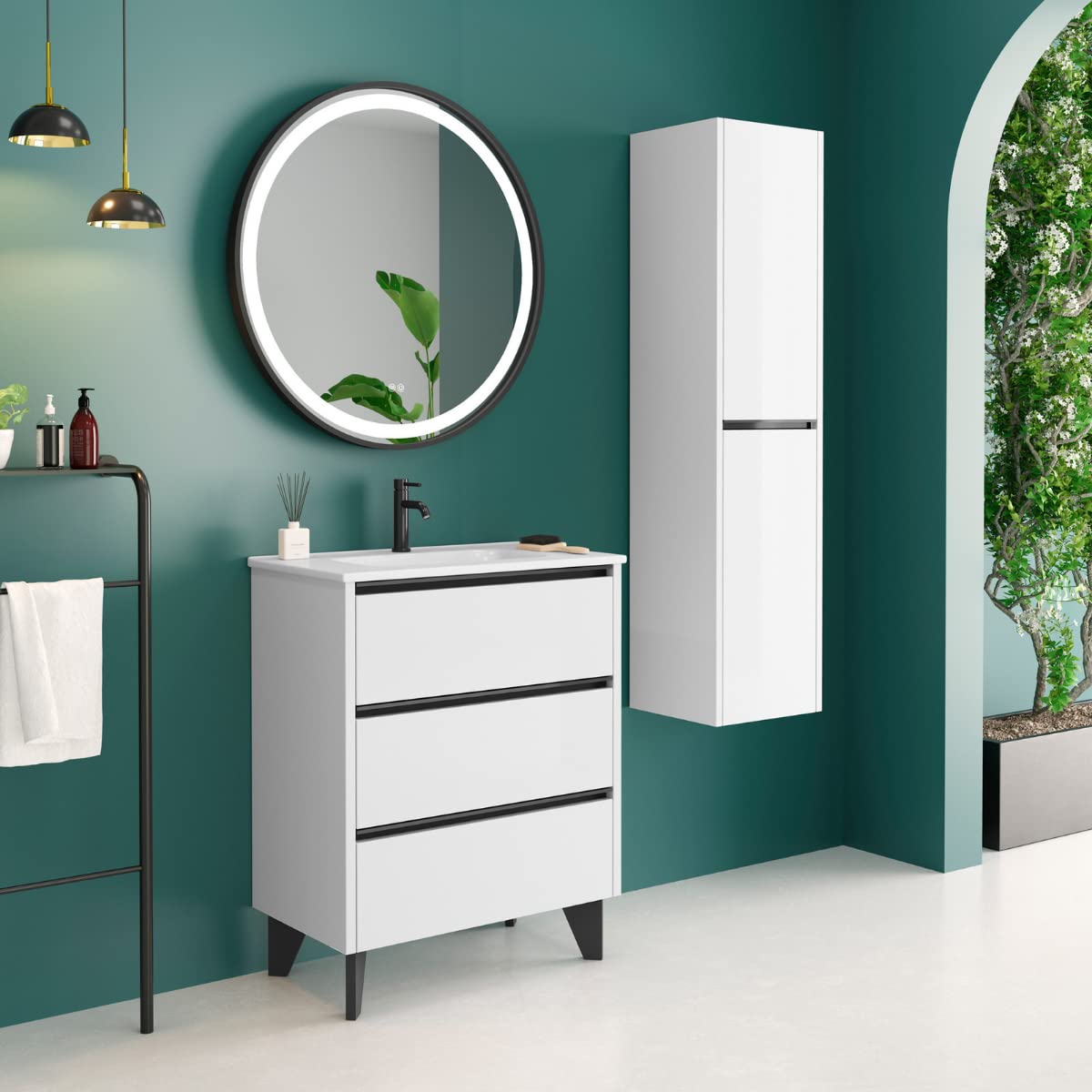 Poker Columna de Baño Suspendida con 1 Puerta | Armario Alto Baño Colgante Color 140cm de Alto x 34,9cm de Ancho x 32cm de Fondo | Blanco Brillo
