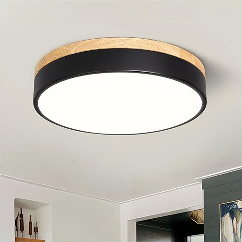 Moderna lámpara de techo de madera regulable, lámpara de techo redonda negra LED empotrada, lámpara de techo minimalista para cocina, dormitorio,