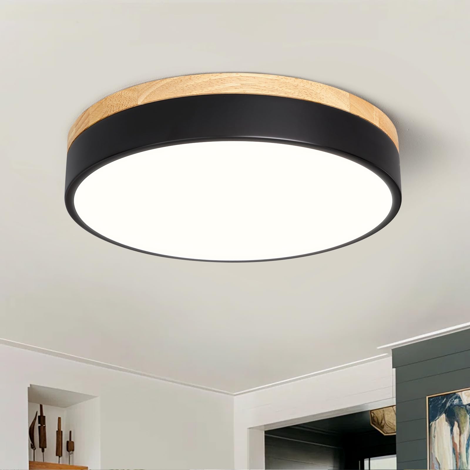 Dimmable LED Wood Black Round Flush Mount Ceiling Light 11.81 Inch