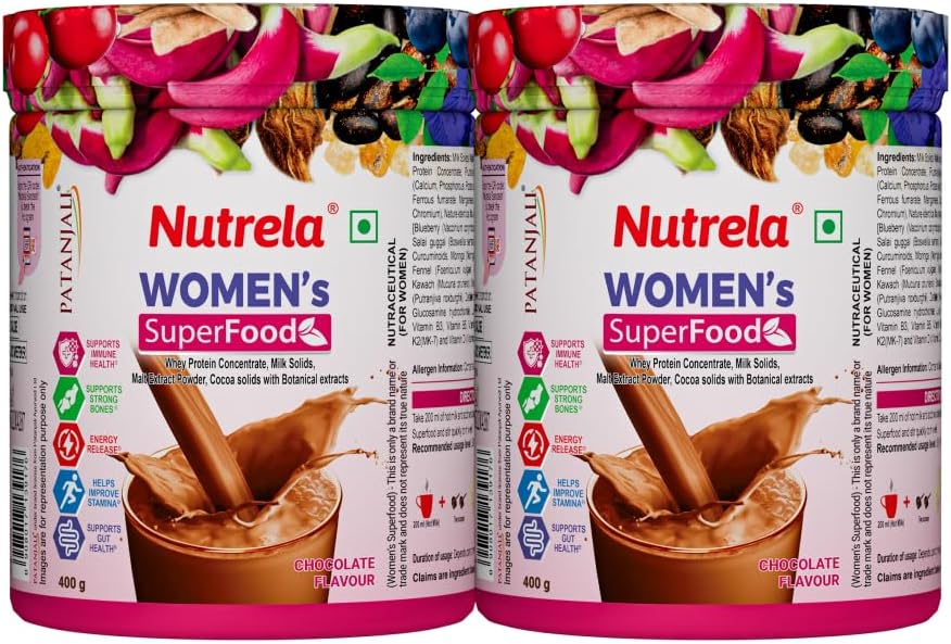 Nutrela Womens Superfood with Biofermented Vitamins, Pack of 800gm, Chocolate Flavour Powder (pack of 2)