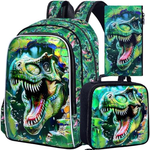 Image of Dinosaur Backpack, 16 inch Boys Kids Bookbag with Lunch Box, 3Pcs Dino School Backpacks for Elementary Preschool Kindergarten (Green)