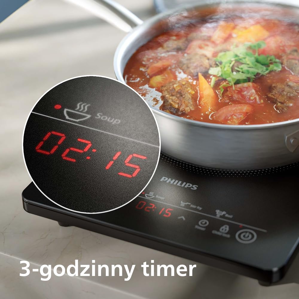 Kuchenka indukcyjna Philips z serii 3000 – 8 poziomów grzania, 4 programy gotowania, moc 2000W, przenośna kuchenka indukcyjna z automatycznym wyłączaniem, panel dotykowy (HD5830/90)