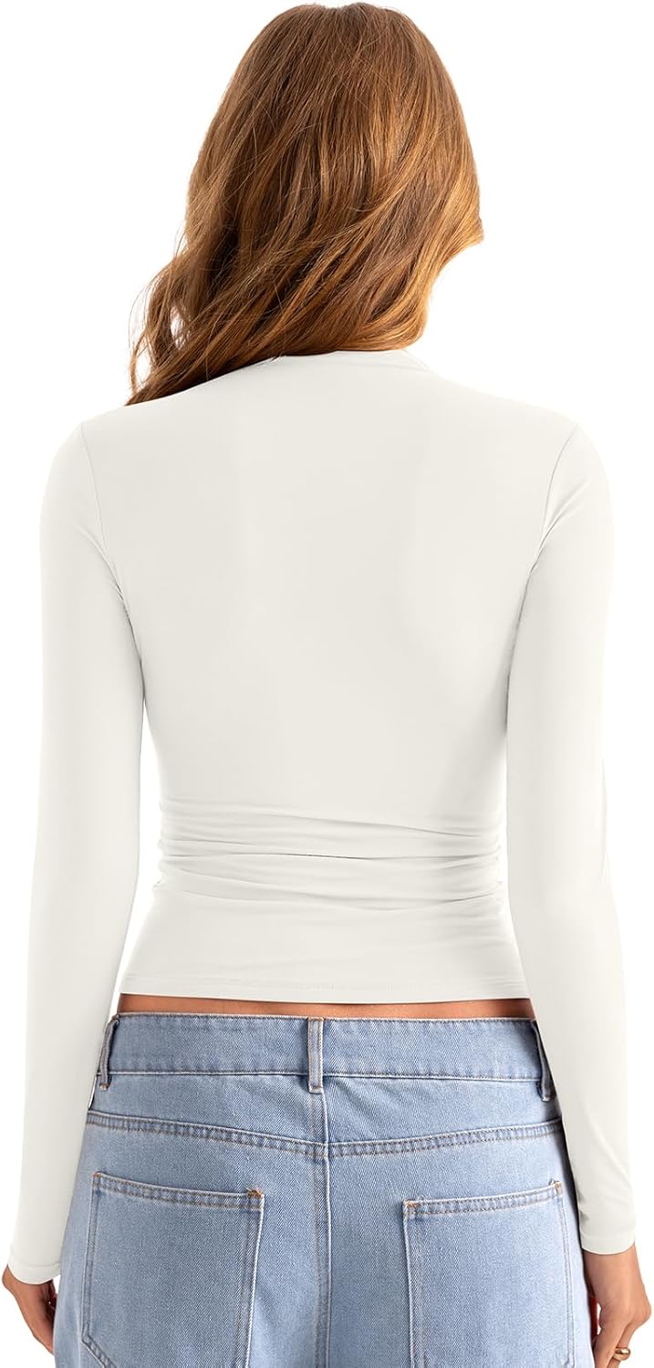 Womens Double Lined Mock Turtle Neck Long Sleeve Tops Slim Fitted Going Out Tops Basic T Shirts - Image 4