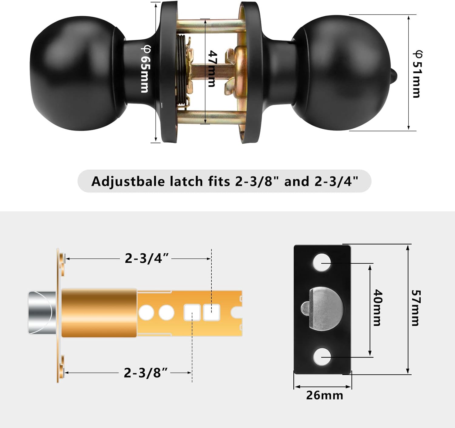 8 Pack Privacy Door Knobs Matte Black Interior Passage Door Lock Keyless Round Lookset for Bedroom Bathroom, Hardwares & Instruction Included