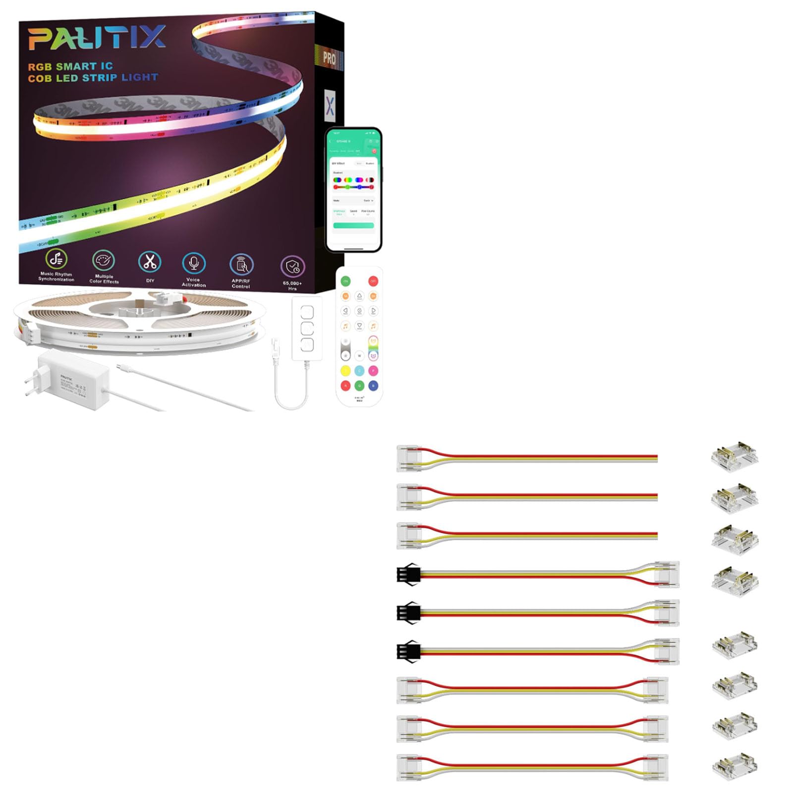 PAUTIX RGB Smart IC COB LED Streifen Kit 10M,24V Farbe wechselnde Adressierbare LED Band,Flexible Licht mit Alexa/Google Assistant für DIY Beleuchtung Projekte,12mm 3Pin Verbinder für RGB Smart IC COB