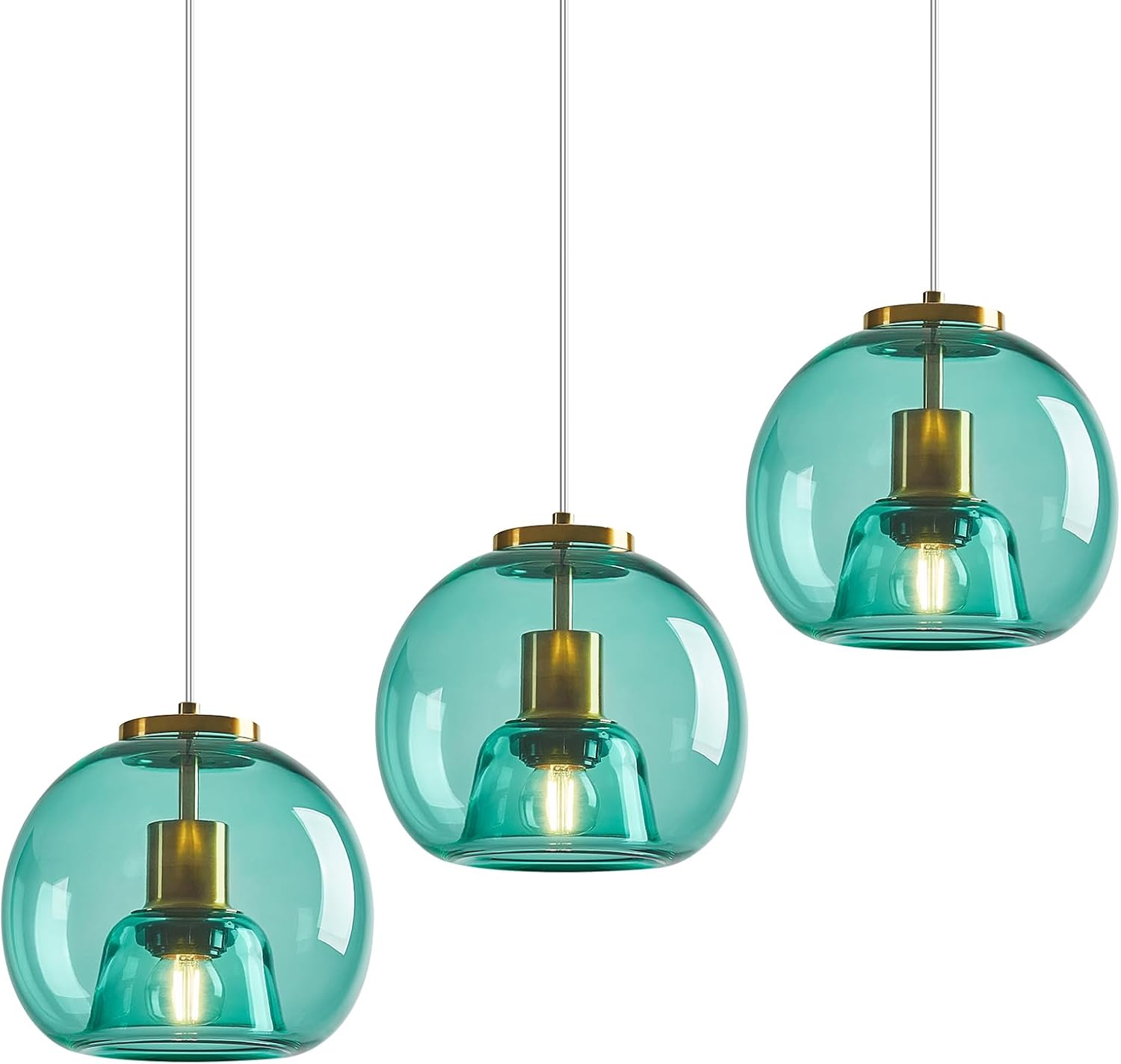 Light Blue Glass Pendant Lights Kitchen Island Gold Hanging Light Fixture Glass Globe Pendant Light Modern Pendant Lighting for Kitchen Island Bedroom Dining Room (7.87", 3 Pack)