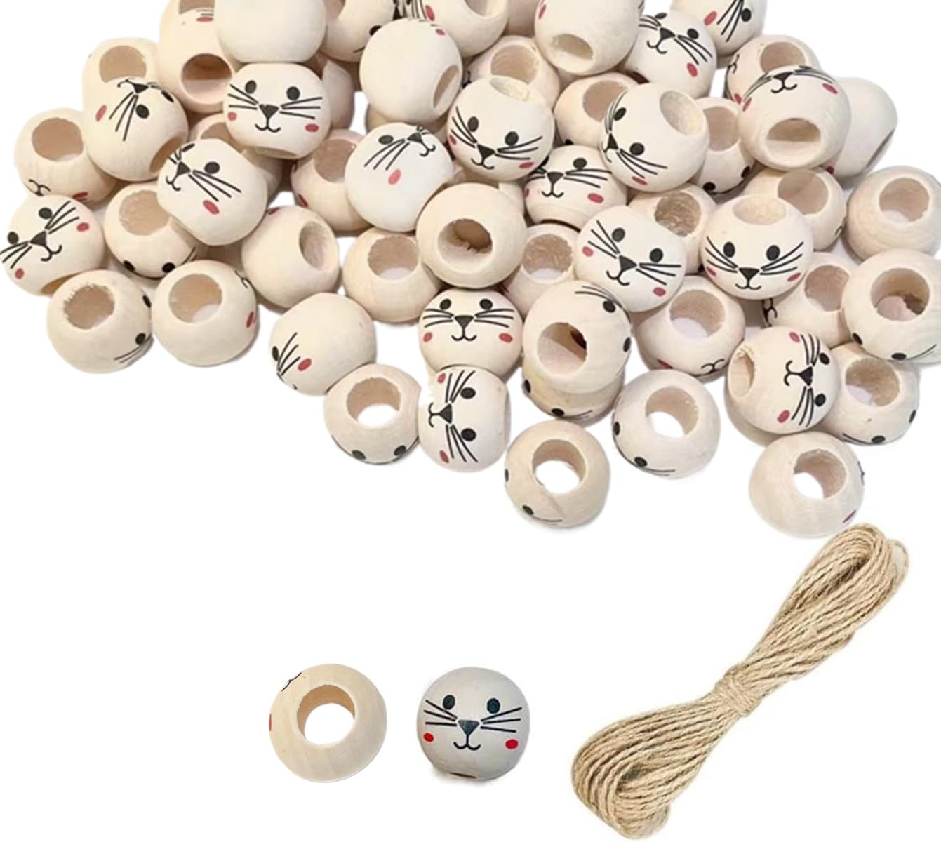 Zomtier Pack of 50 Wooden Cat Face Beads, Round 20mm with 10mm Hole, 2m Hemp Rope for DIY Crafts, Jewellery Making