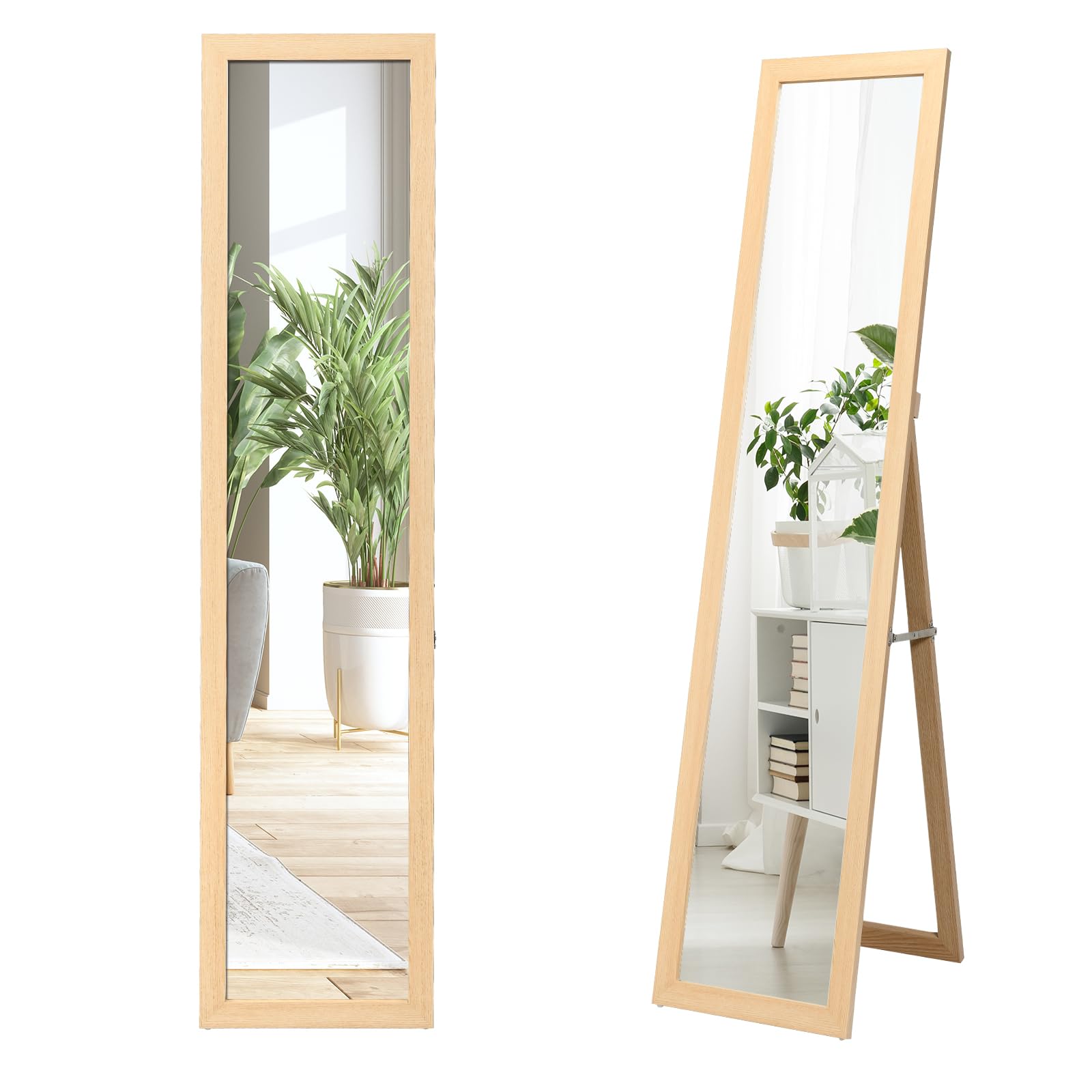 HOMASIS Espejo de suelo de pared, espejo de piso de figura completa, espejo rectangular para colgar con marco de madera, para Spgdía, dormitorio, 37 x 50 x 148 cm (natural)