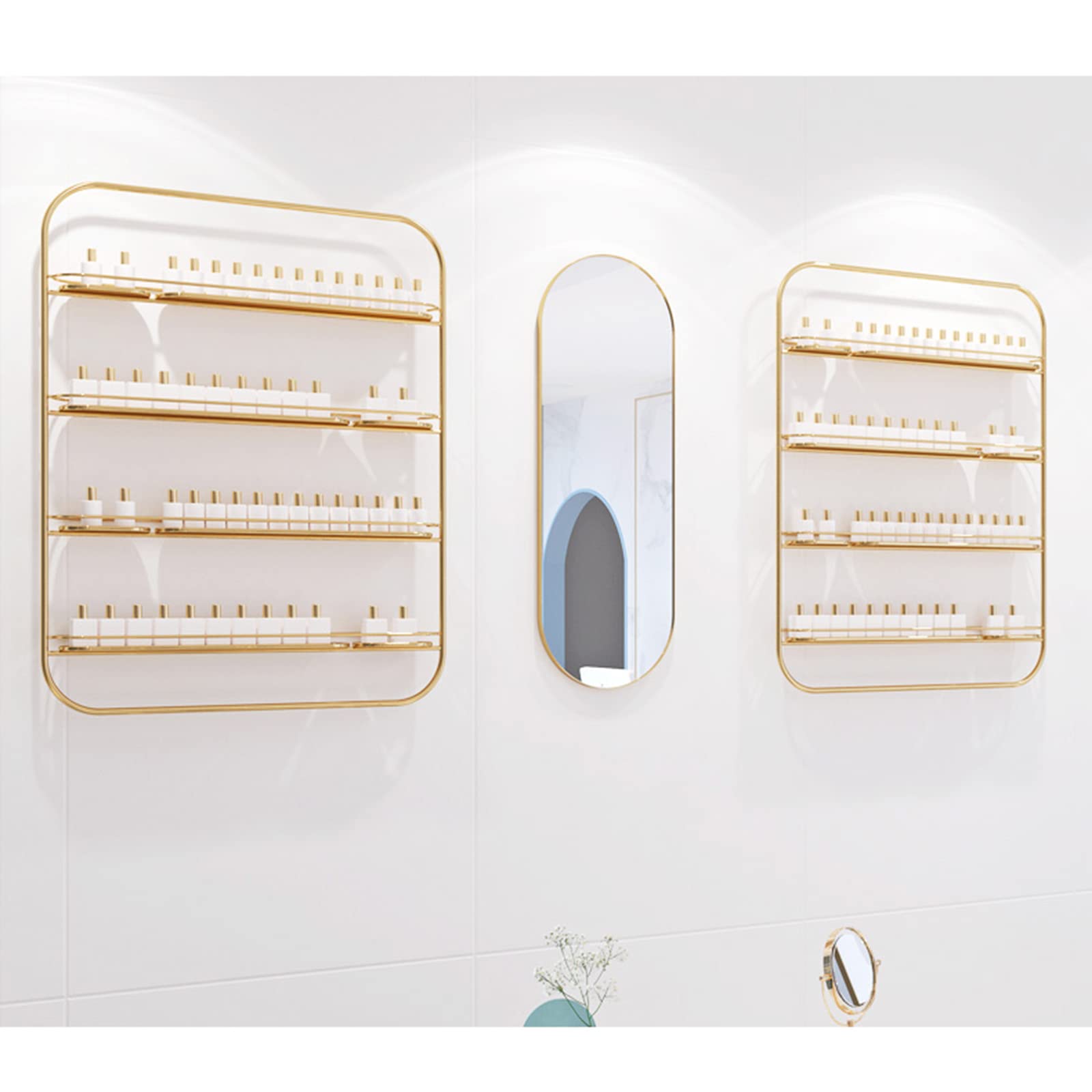 Espositore da parete per portasmalto in metallo a 4 strati, espositore per bottiglie di smalto, scatola per salone di bellezza, espositore combinato per cosmetici (set da 5 pezzi oro)