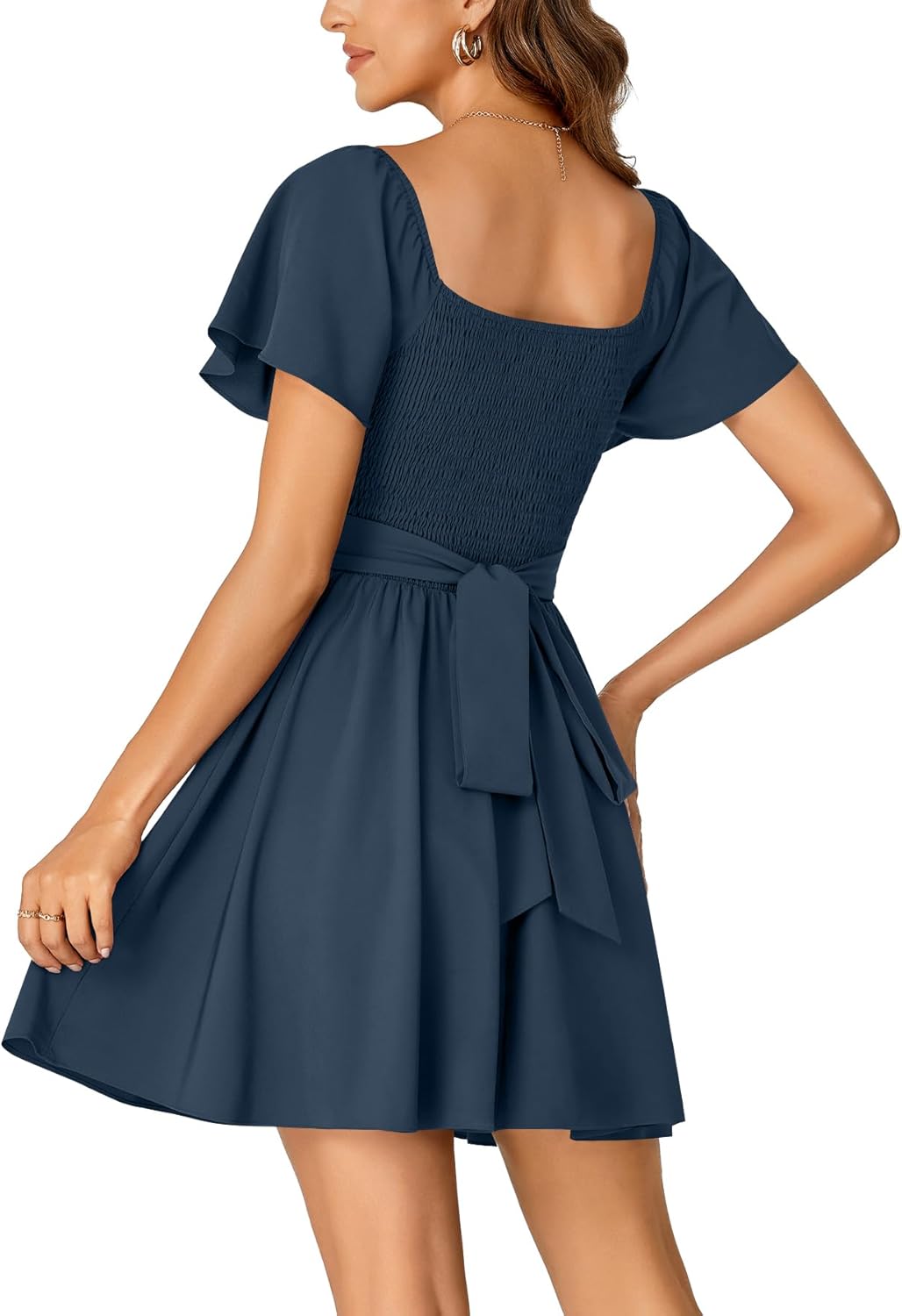 Rooscier Women's Tie Back Square Neck Wrap Ruffle Short Sleeve Flare Mini Dress - Image 5