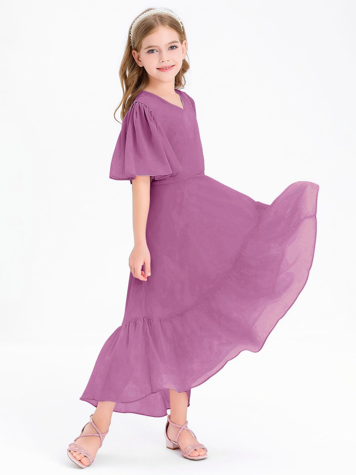 Haloumoning Vestido de verano para niña, cuello en V, con volantes, informal, vestido de una línea, vestido de fiesta alto, bajo, largo, elegante, largo