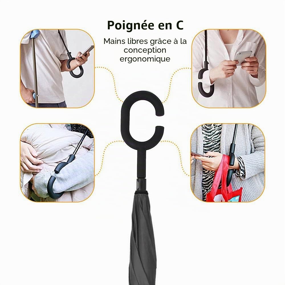 Parapluie inversé avec poignée en C. À manche inversé - Parasol à double couche. Coupe-vent - Résistant au vent et aux UV - Protège de la pluie, de la tempête et du soleil.