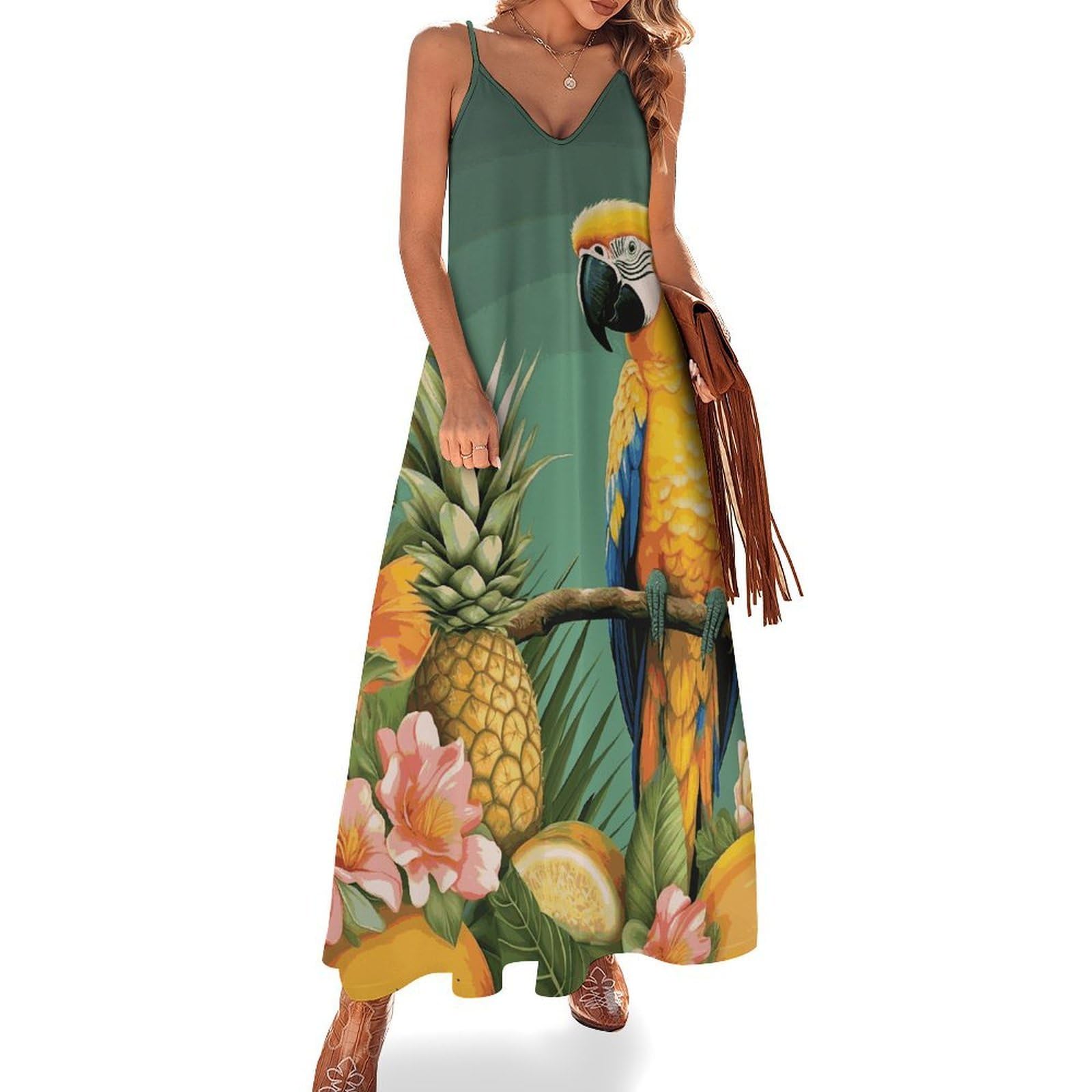 Women's Summer Maxi Dress Casual Spaghetti Strap Summer Parrot Pineapple Bird Sundress Sleeveless Flowy Nightdress, Style, 3XL