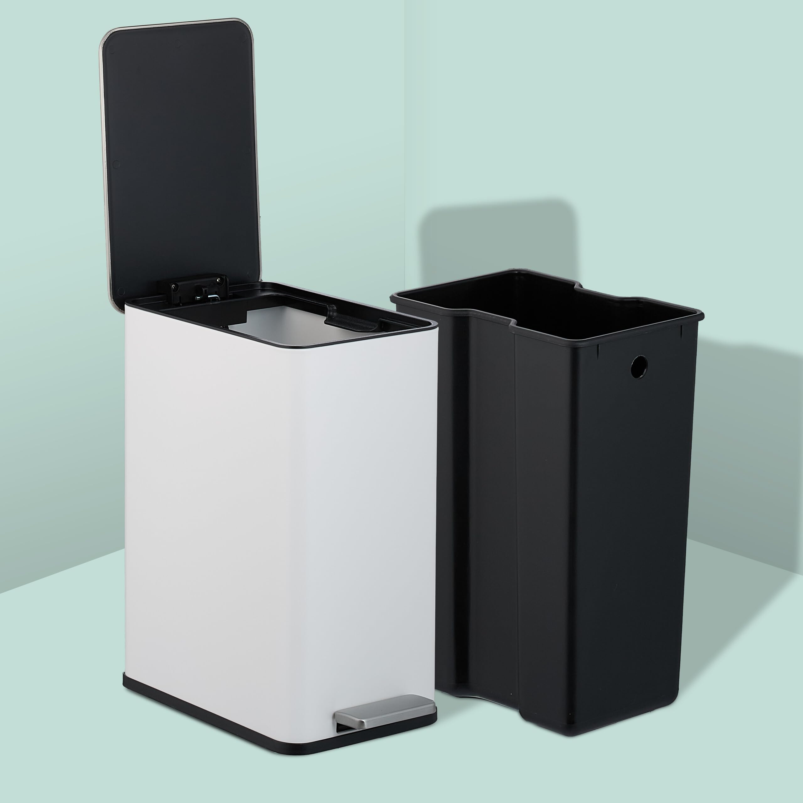 Relaxdays Cubo de Basura Baño, 10 litros, Papelera Rectangular, Tapa con Cierre Suave, Acero Inoxidable en Mate, Blanco
