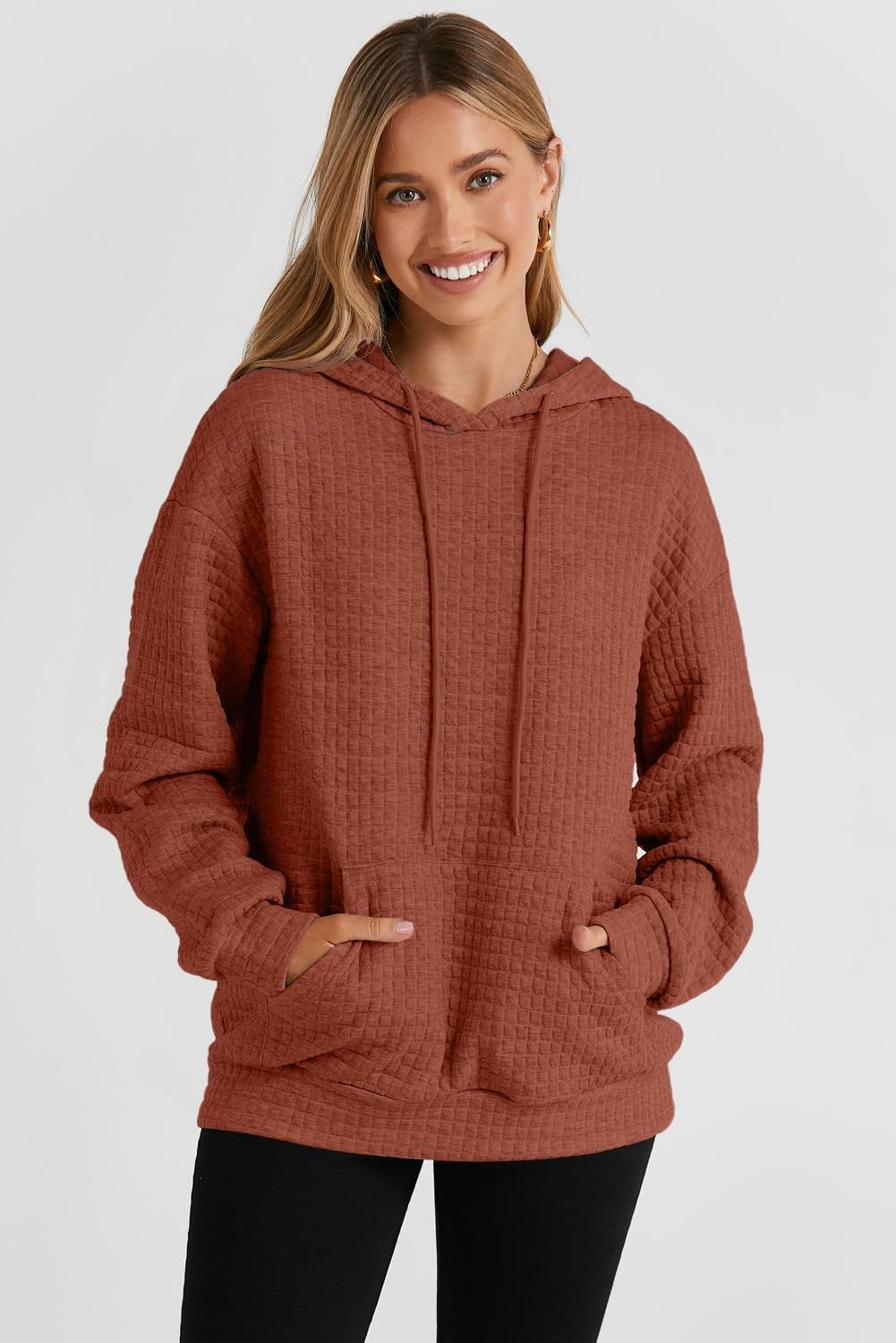 SHEWIN Womens Hoodies Casual Long Sleeve Drawstring Waffle Pullover Tops Loose Hooded Sweatshirt with Pocket - Image 3