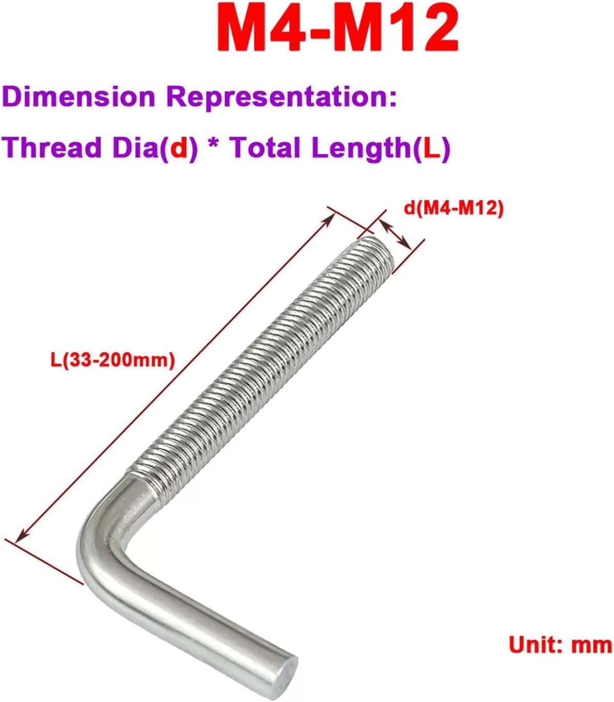 L-förmiger Rechtwinkliger Ankerbolzen, 10 Stück 1/2/5/s 304 Edelstahl 7 / L-förmiger Rechtwinkliger Ankerbolzen M4 M5 M6 M8 M10 M12, One Color, M4X100