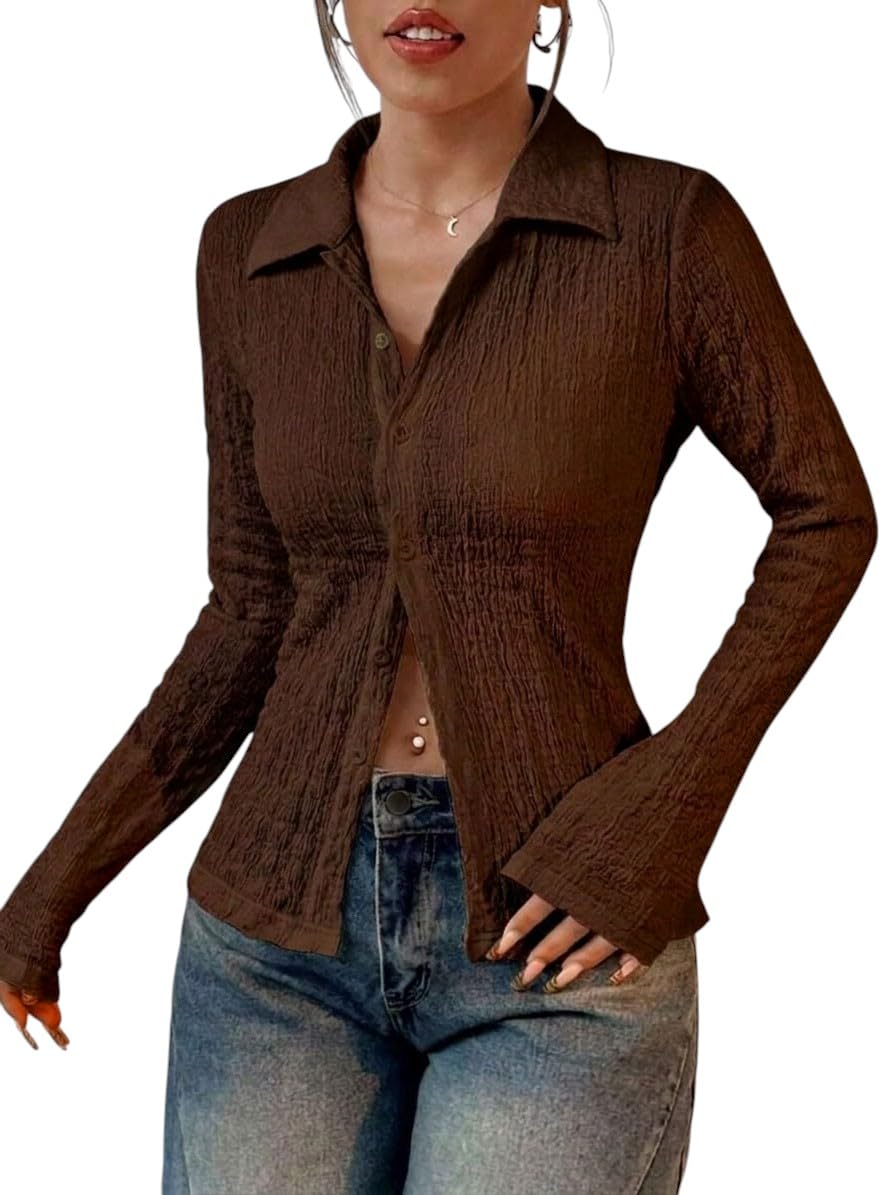 oomph! Women’s Textured Button-Down Shirt | Slim Fit Crinkled Fabric Top with Full Sleeves & Spread Collar | Casual Stylish Blouse-picture-46