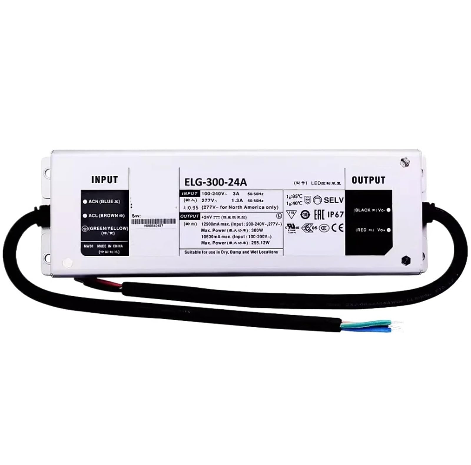FCARUMIQP 1pcs IP67 Waterproof Power Supply Built-in Potentiometer ELG-300-12A ELG-300-24A