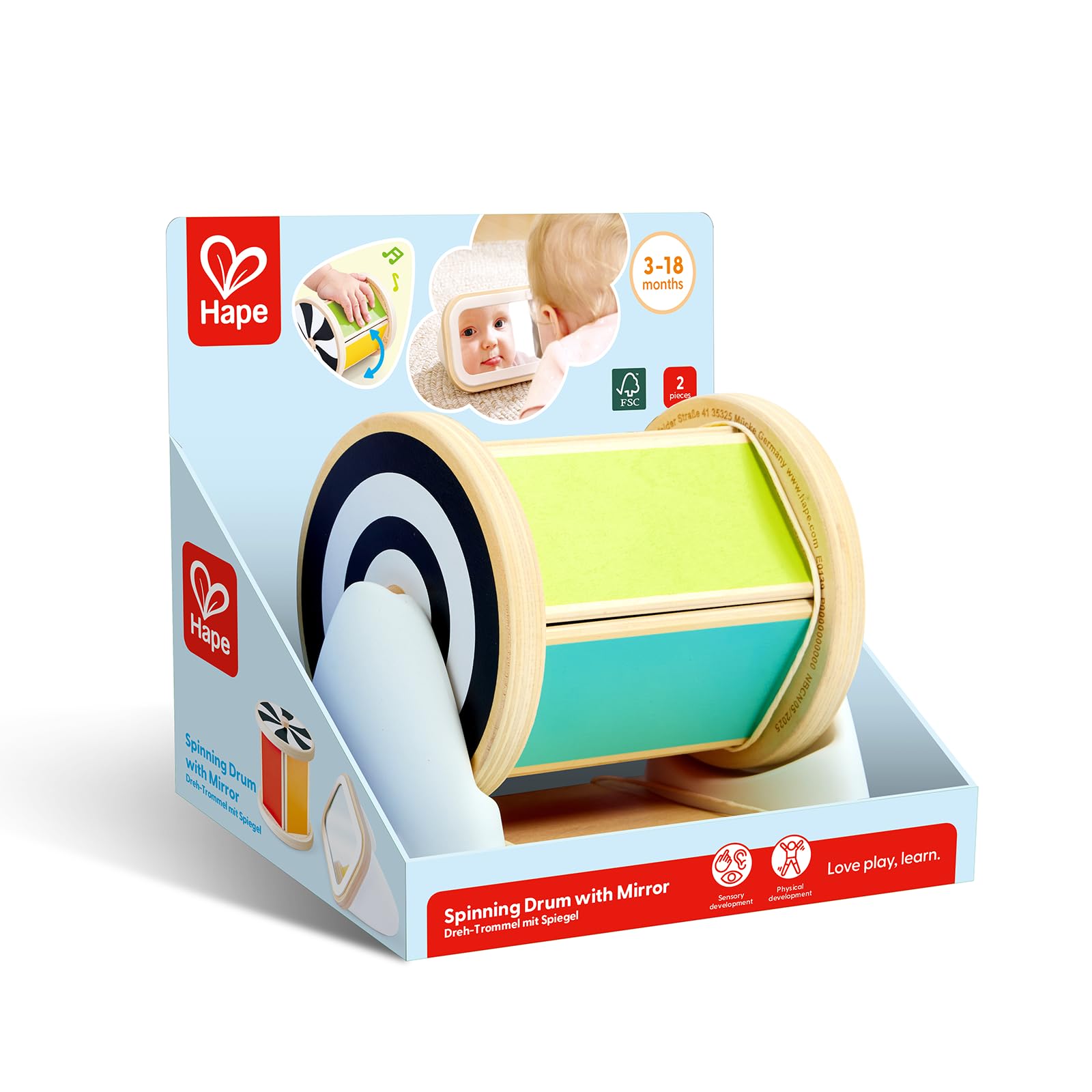 Hape Tambor Giratorio con Espejo, Juguete Montessori, Juguete Educativo Colorido para Promover la percepción sensorial, Juguete de Madera para bebés a Partir de 3 Meses