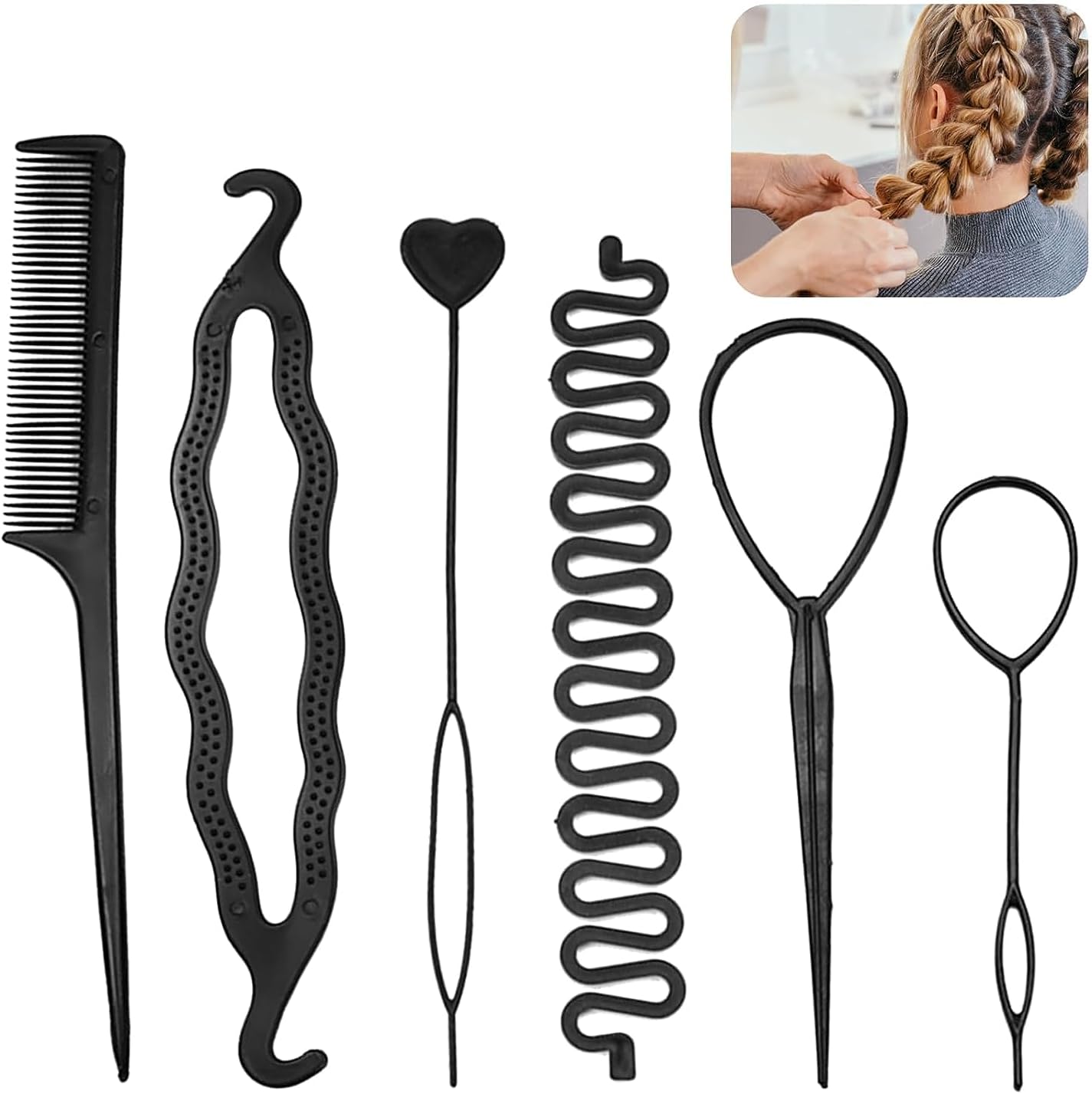 6 Pcs Terry Tool Set, Hair Styling Accessories Kit for Women and Girls, Bun Maker French Braiding Tools for DIY Hair Styles, Hair Braiders for Twist Ponytail Maker (Black)