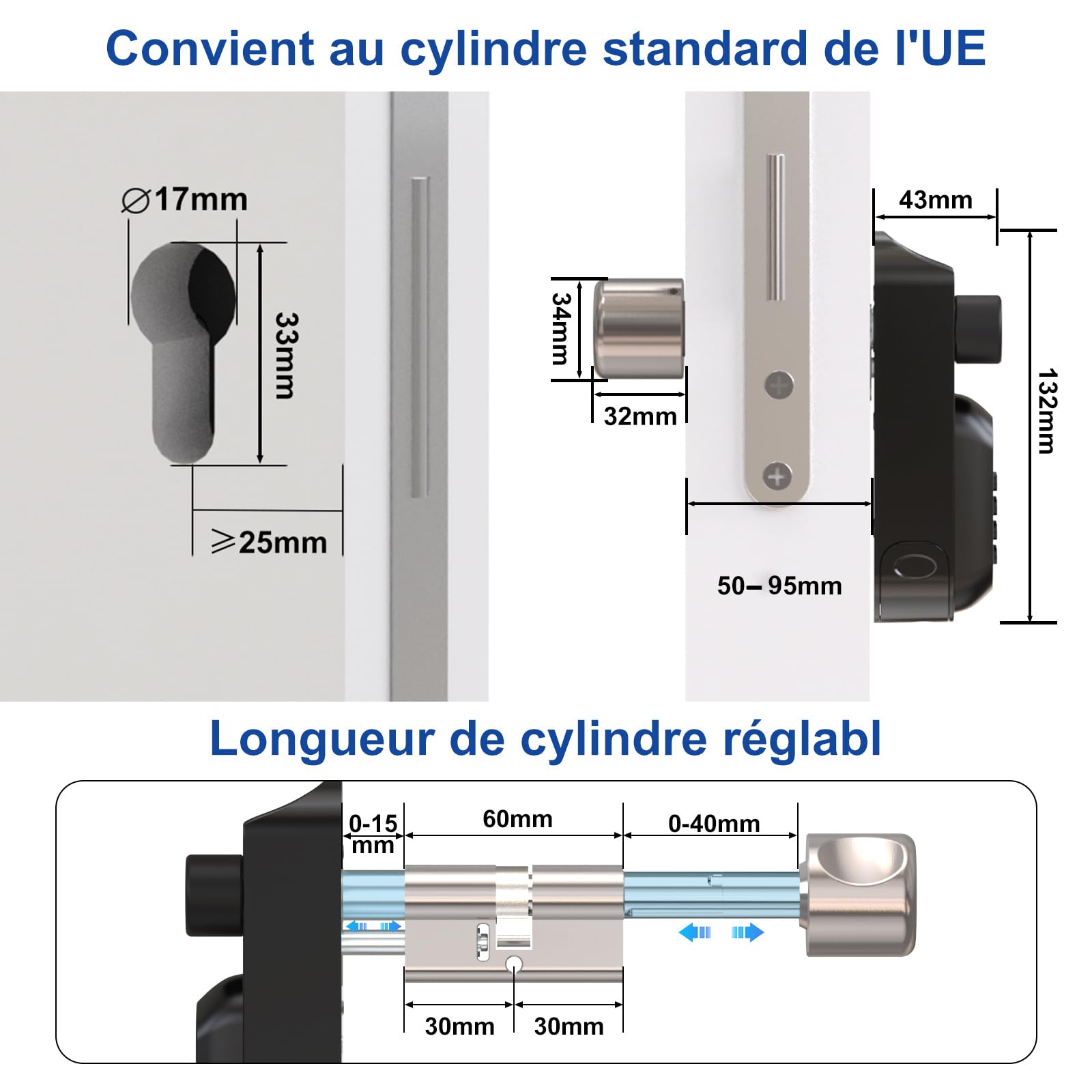 RUILON U81 Serrure connectée à code 30x30 - Cylindre empreinte digitale | Serrure biometrique avec 3 cartes RFID 2 clés, portes 50-95 mm, Facile à installer, Code temporaire, Airbnb Maison Chambre