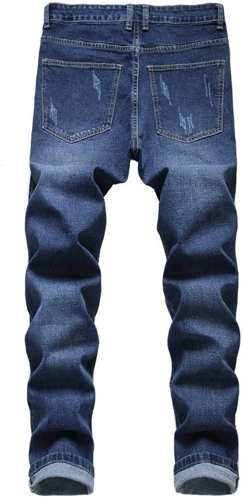 Men's Stretch Ripped Jeans Dark Regular Casual Daily Denim Trousers