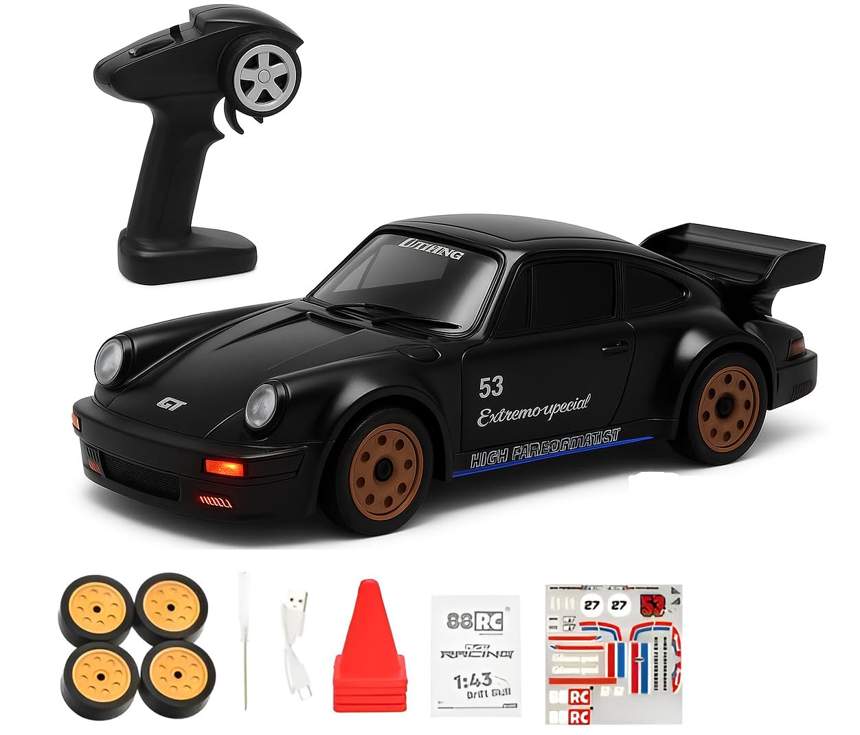 Bestie toys 911 Model 1:43 Metal RC Drift Car Full Scale Lights RTR 4WD Remote Control Double Door Car Model Includes Char...