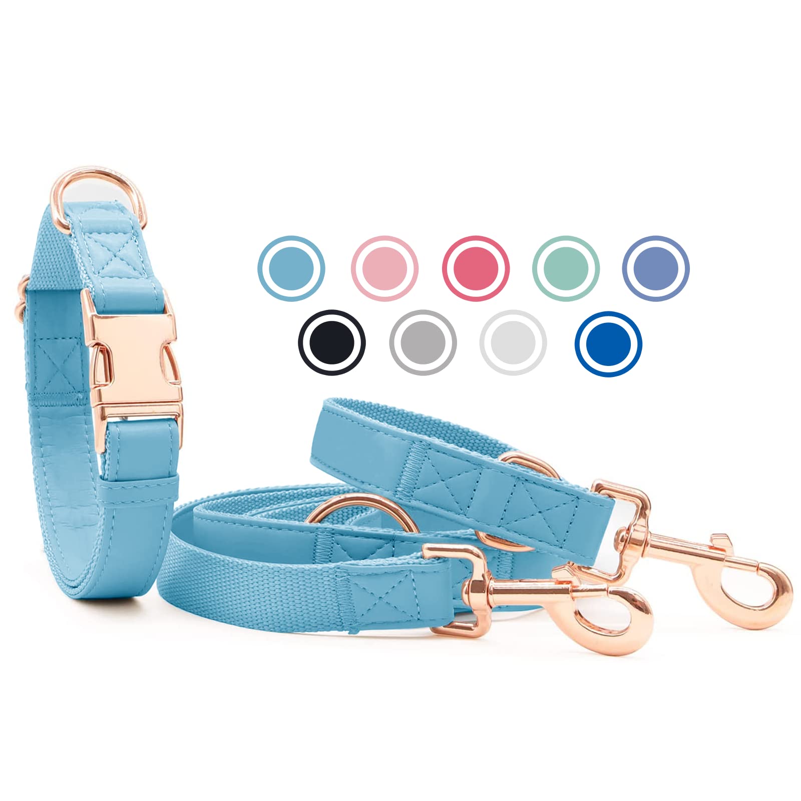 Soft Leather Dog Collar and Lead Set, Stylish Rose Gold Dog Lead and Collar Set including Heavy Duty Metal Buckle
