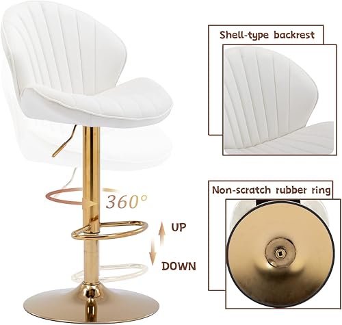 Miniatura 5 de CIMOTA Juego de 2 taburetes de bar blancos y dorados de altura ajustable, modernos taburetes de bar giratorios con forma de concha, taburetes de