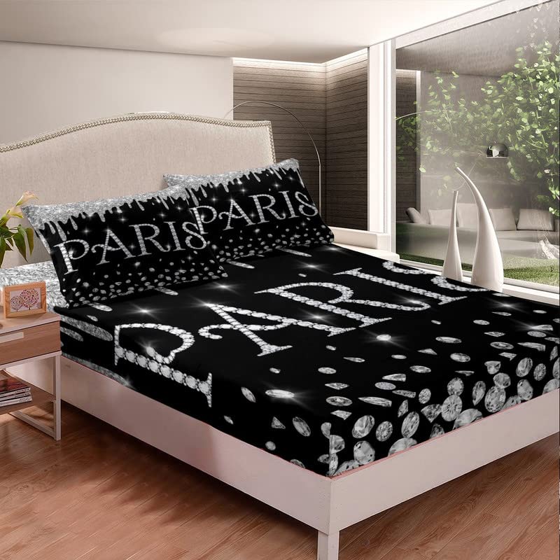 Eiffel Tower Sheet Set Paris Glitter (No Glitter No Sequin) Diamond Sheets with Deep Pocket Fitted Sheet for Girls Paris Decor Teens Black Silver Bed Sheets Set Breathable Bedding Set Room Decor Full