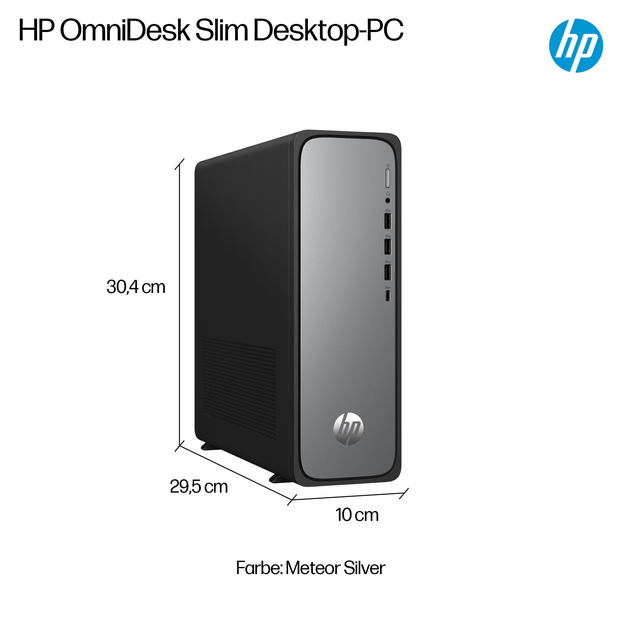 HP OmniDesk Slim Desktop S03-0230ng, Intel 300 Prozessor, 8 GB DDR5 RAM, 512 GB PCIe Gen4 SSD, Intel UHD Graphics 710, Windows 11 Home, Wi-Fi 6, USB Type-C, Meteor Silver/Jack Black