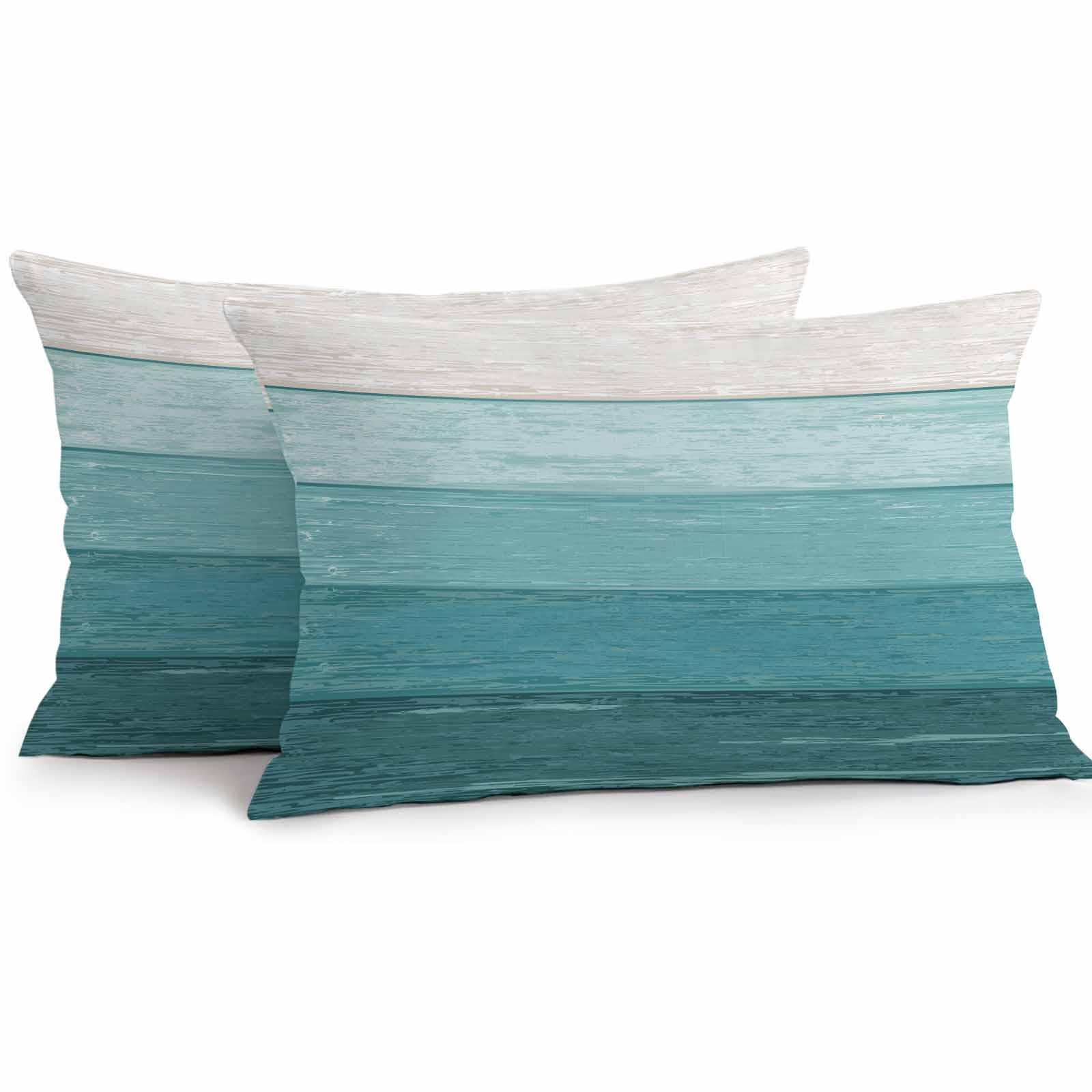 Striped Outdoor Waterproof Pillow Covers 20x12 Pack of 2 Teal Blue Striped Gradient Rustic Wood Board Decorative Outdoor Pillow Covers Square Cushion