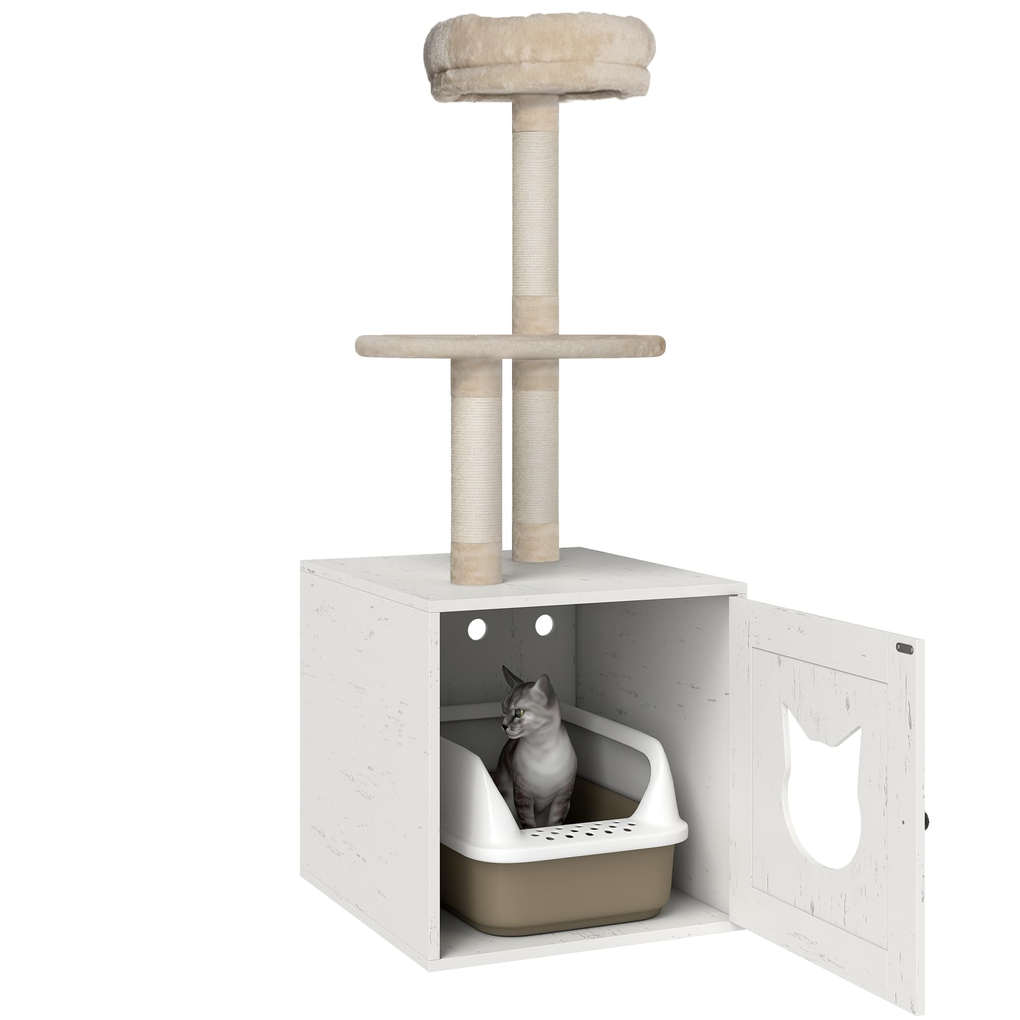 PawHut Tiragraffi per Gatti con casa di Servizi igienici, Torre di Gioco 2 in 1, Cuccia per Gatti da 129 cm con coprilettiera, Pali da graffiare, Piattaforma, Letto, Crema