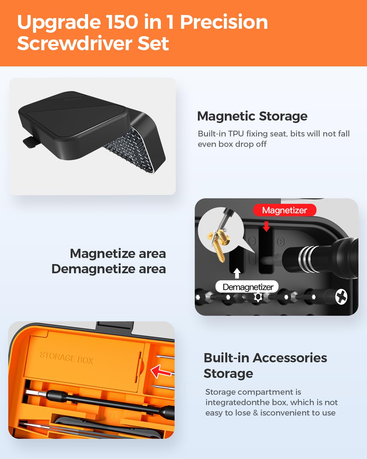 SOONAN - Juego de destornilladores de precisión, kit de herramientas electrónicas 150 en 1 con juego de destornilladores magnéticos de 120 puntas y juego de herramientas de 30 bits, práctica