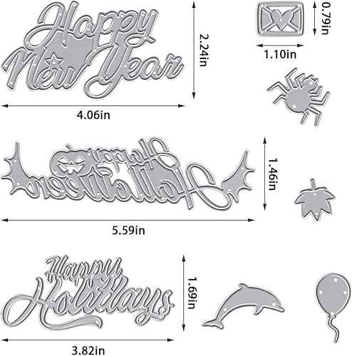 Miniatura 2 de Troqueles de metal con palabras de Año Nuevo para hacer tarjetas, troqueles de corte de palabras de feliz año nuevo, calabaza, araña, globo para