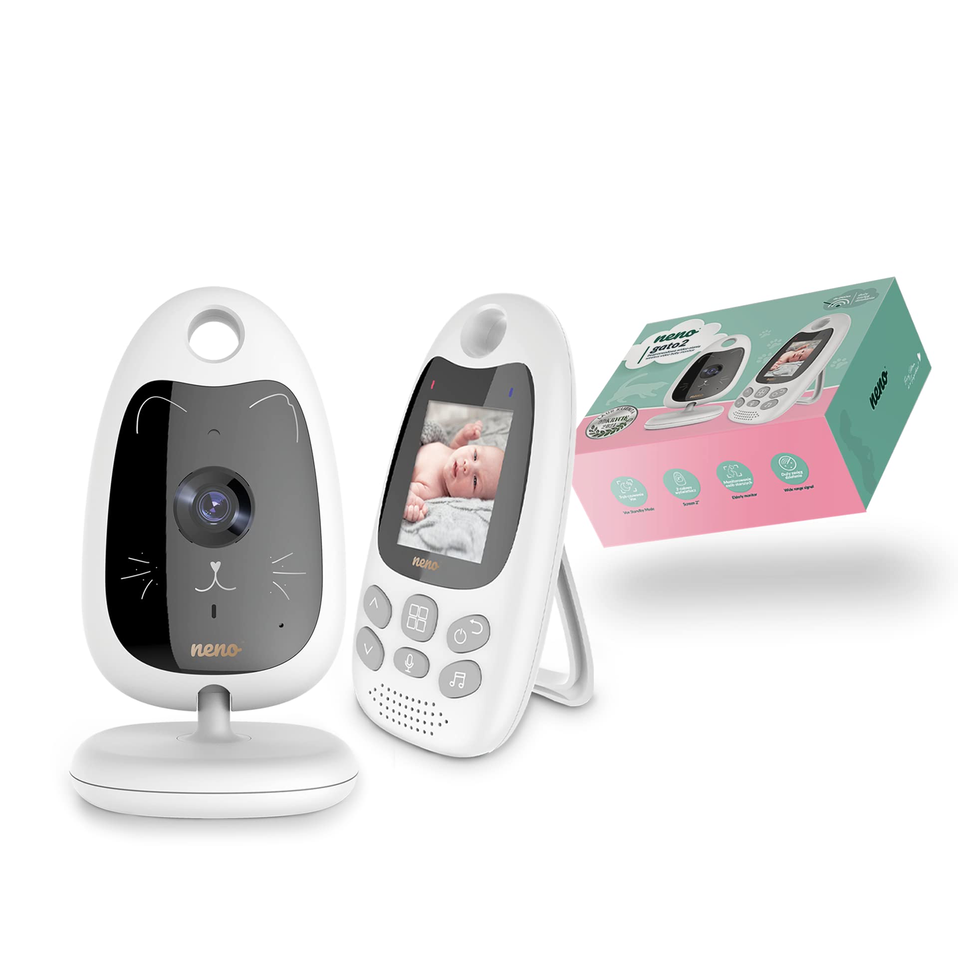 Neno Gato 2 Baby Monitor con fotocamera da 2 pollici, audio a 2 vie, visione notturna, 8 ninne, sensore di temperatura