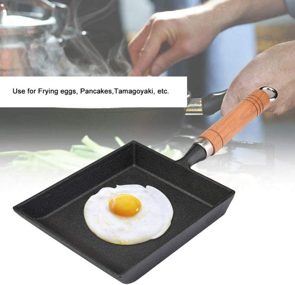 Mini patelnia do omletów, żeliwna patelnia prostokątna z drewnianym uchwytem, niepowlekana, do szybkiego śniadania,