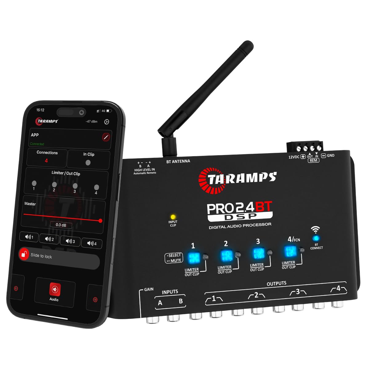 Taramps Pro 2.4 BT Bluetooth DSP Crossover Full, procesador de señal digital, ecualizador de audio para automóvil con aplicación, ganancia de hasta 9 V, ecualización gráfica de 15 bandas, 12