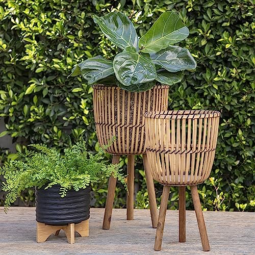 Sagebrook Home Set Of Two 19" H 10" Diameter/23 H 12" Diameter Natural Bamboo Tri-Footed Planters For Living Room, Bedroom, Entryway, Patio, Or Balcony #TOP5