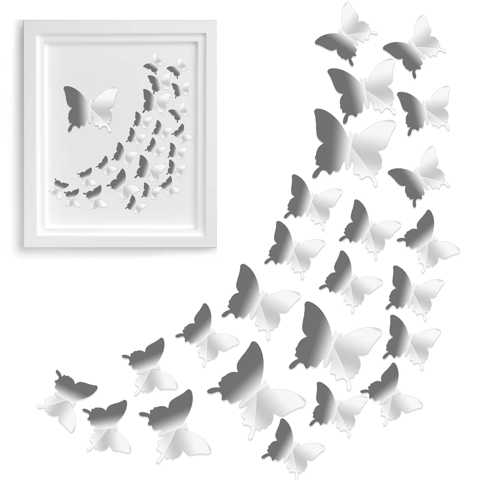 48 Pieces 3D Butterfly Wall Decals DIY Mirror Butterfly Wall Stickers for Christmas Party Wedding Easter Decoration, Silver