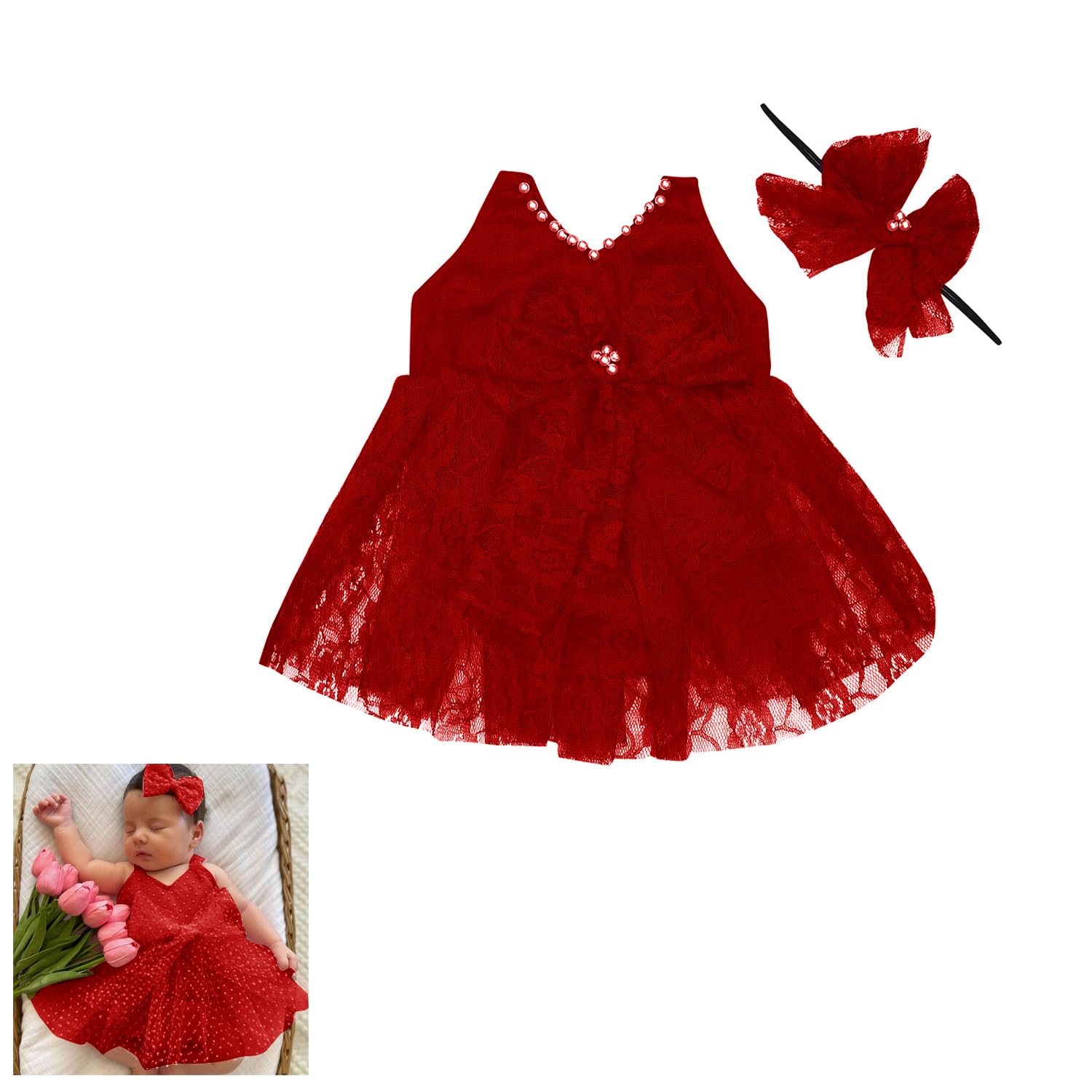 the root & craft The Root And Craft Kids Birthday Photoshoot Outfit Bodysuit Dress Baby Net Rmper Infant Girl's Lace Romper with Headband, 0-3 Month-picture-17