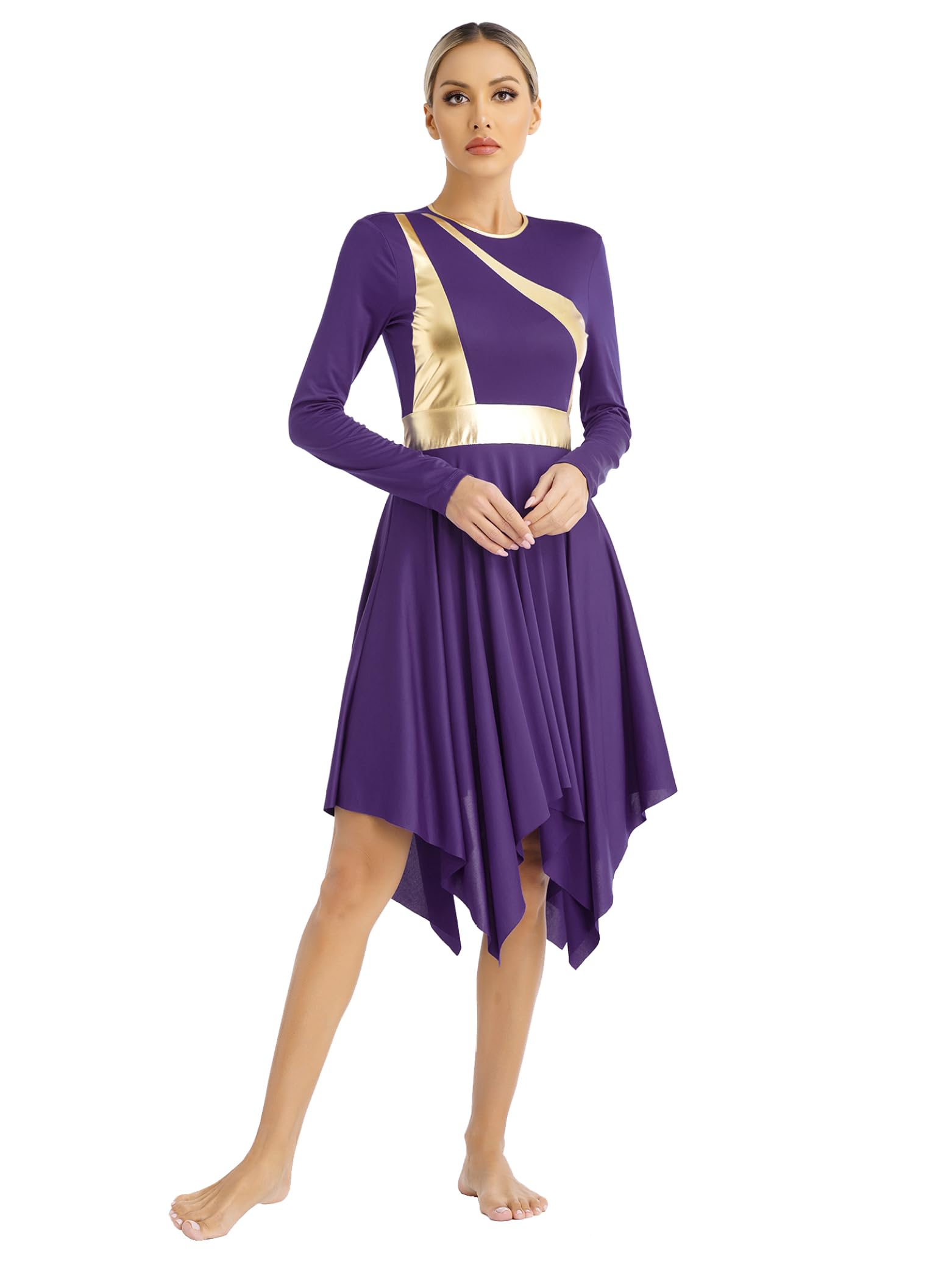 Linjinx Abito da Danza Cristiana Lode per Donna Manica Lunga Patchwork Brillante Vestito Balletto Lirico di Tulle E Pantaloni Larghi da Ballo
