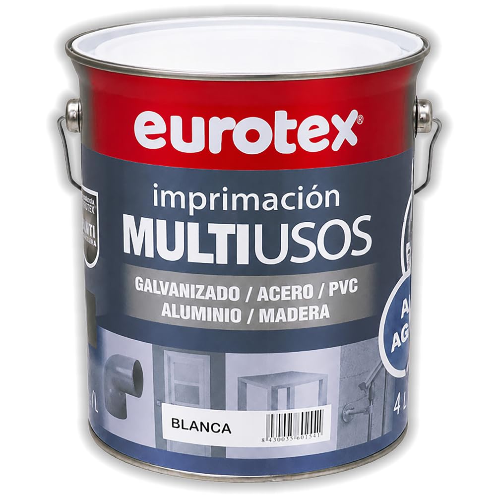 EUROTEX Imprimación Multiusos al Agua Prepara superficies de hierro, acero, madera, aluminio, galvanizado y PVC - Color Blanco - Acabado Satinado - Formato 4L