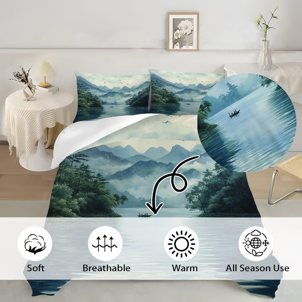 3-częściowy komplet pościeli z chińskim malarstwem krajobrazowym, 200 x 200 cm, miękka poszewka na kołdrę i 2 poszewki na poduszkę 80 x 80 cm, nie wymaga prasowania i blaknięcia, zestaw dla rodzin