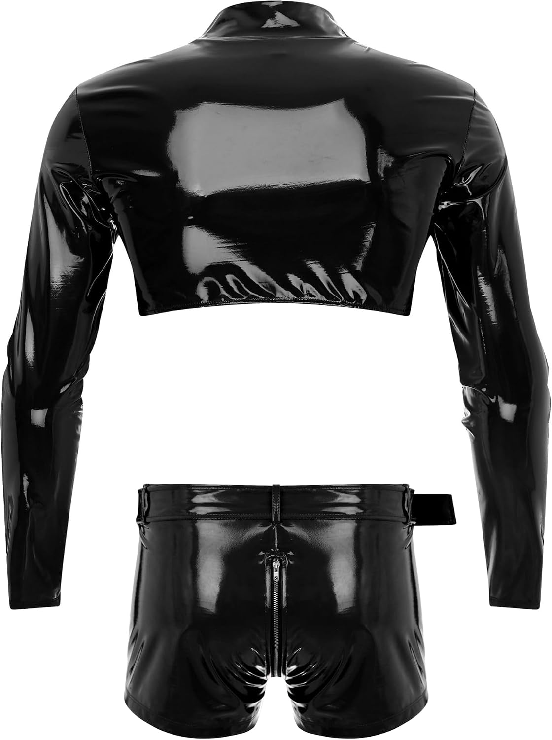 Alvivi Men's Sexy Patent Leather Outfits Long Sleeve Zip Up Crop Top with Boxer Shorts Clubwear